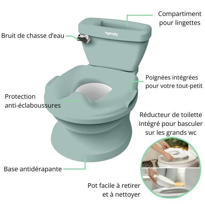 INGENUITY Mini Toilette enfant avec Réducteur de Toilette inclus, Chasse d'eau musicale et rangement lingette intégré Vert
