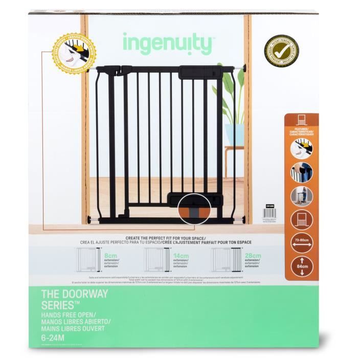 INGENUITY- Barriere de sécurité escalier enfants, animaux, ouverture main ou pied, 84cm de hauteur, largeur entre 73 et 80 cm