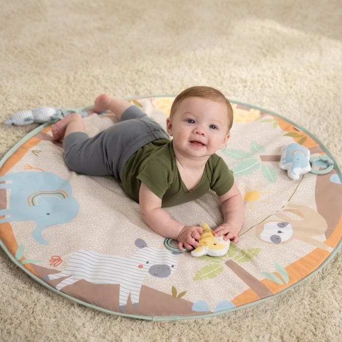INGENUITY Tapis d'éveil bébé pliable WonderWood, rond avec arche de jeux en bois, mirroir et jouets bébé