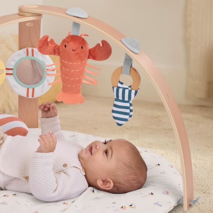 INGENUITY Tapis d'éveil réversible bébé évolutif - Marin - pliable, arche de jeu en bois amovible, 5 jouets, miroir, coussin