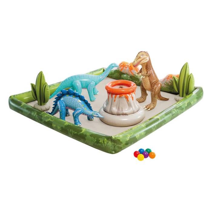 Aire de jeux gonflable - INTEX - Dino Aventure - 410 Litres - 2 ans+ - 201 x 201 x 36 cm - Inclus : 3 dinosaures, 2 cactus, volcan