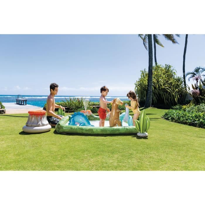Aire de jeux gonflable - INTEX - Dino Aventure - 410 Litres - 2 ans+ - 201 x 201 x 36 cm - Inclus : 3 dinosaures, 2 cactus, volcan