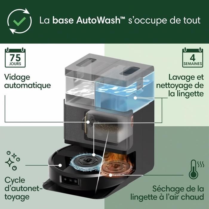 iRobot Roomba Plus 505 Noir - Base Multifonction - Lavage et séchage a l'air Chaud des lingettes - PrecisionVision IA