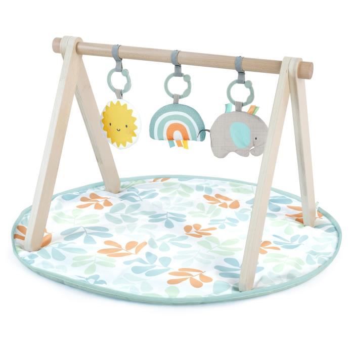 INGENUITY Tapis d'éveil bébé Sun Valley, arche de jeu en bois - 3 jouets amovibles - pliable