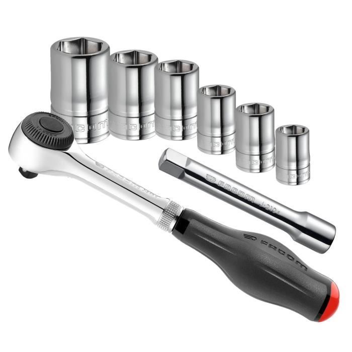 Composition de serrage 1/4 FACOM - J.360PACKPB - Ouvertures de 8 a 17 mm - 1 cliquet J.360 - 6 douilles 6 pans - Rallonge 125 mm