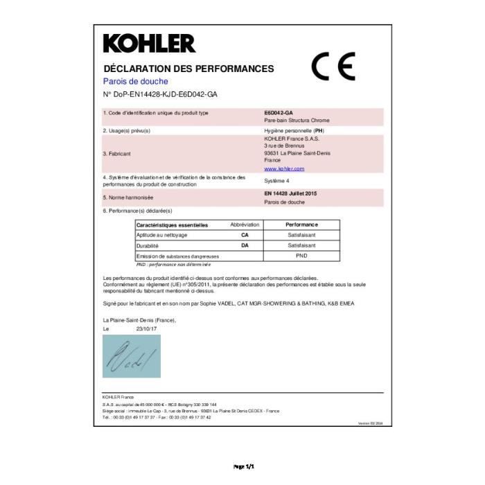 Pare-bain Struktura Chrome - Jacob Delafon - Pivotant 90° - Réversible - Verre anti-calcaire 6mm