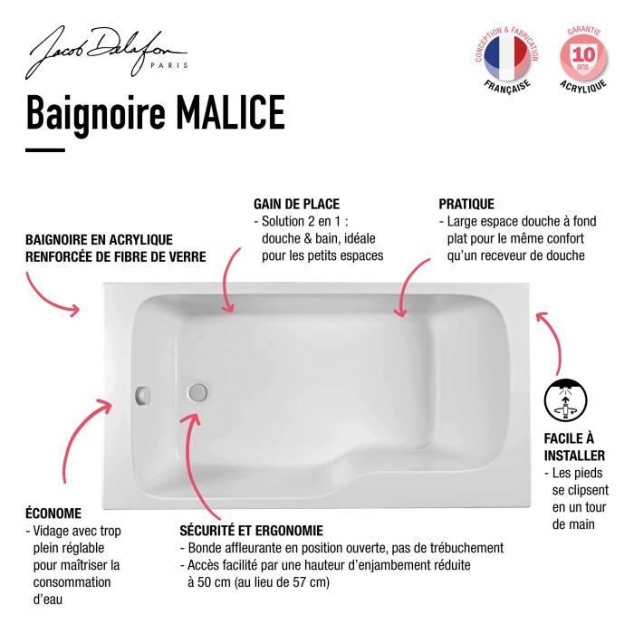 Baignoire rectangulaire Bain-douche Malice 160 x85 cm Blanche Jacob Delafon E6D146R-00