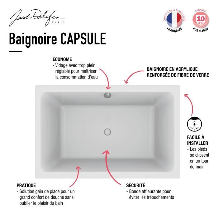 Baignoire rectangulaire bain-douche Jacob Delafon Capsule 140 x 90 cm Blanche