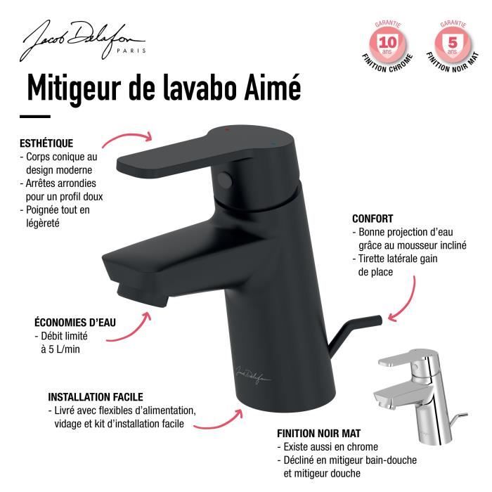 Mitigeur lavabo JACOB DELAFON AIME E29869-CP avec vidage, finition Chrome - Design moderne et économique en eau