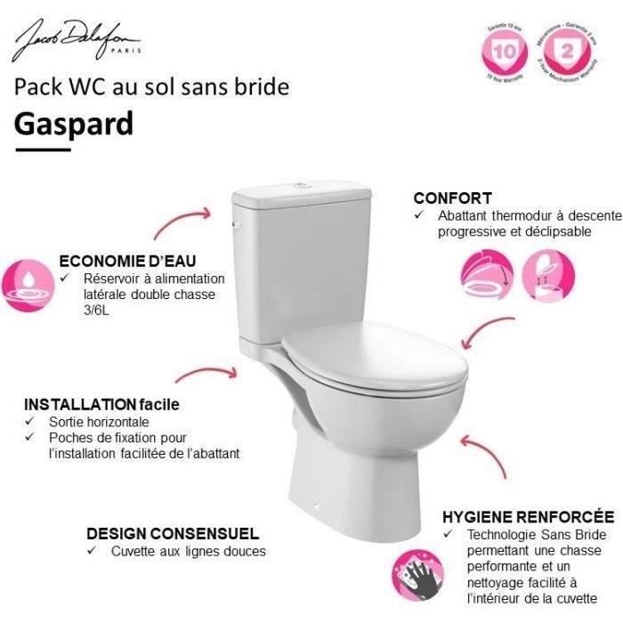 Jacob Delafon E25852-00 WC au sol sans bride Gaspard 3/6L alimentation latérale, abattant extraplat declipsable.
