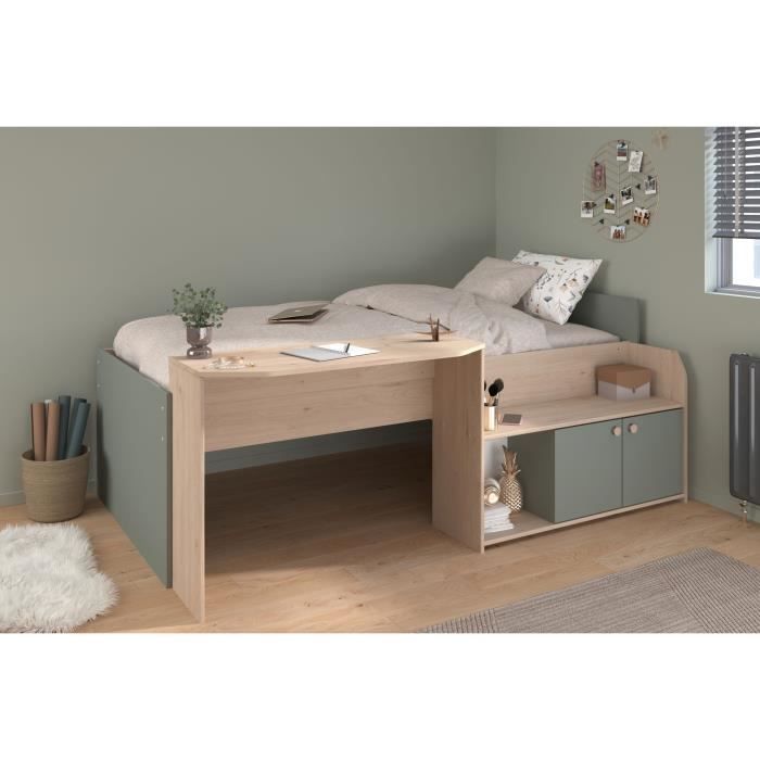 Lit combiné enfant 90x190/200 cm JADE - Chene / Vert céladon - Bureau et rangements - PARISOT