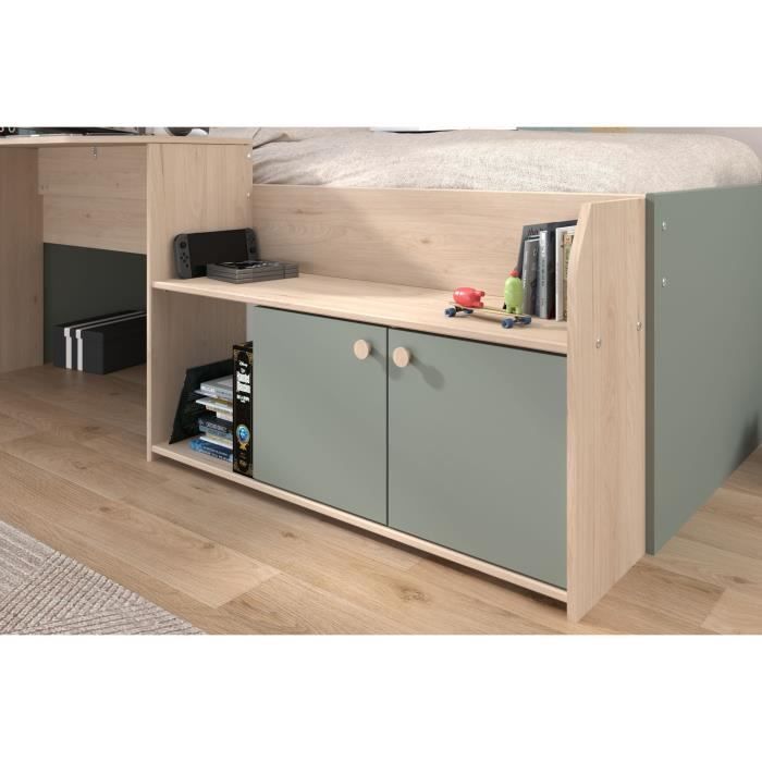 Lit combiné enfant 90x190/200 cm JADE - Chene / Vert céladon - Bureau et rangements - PARISOT