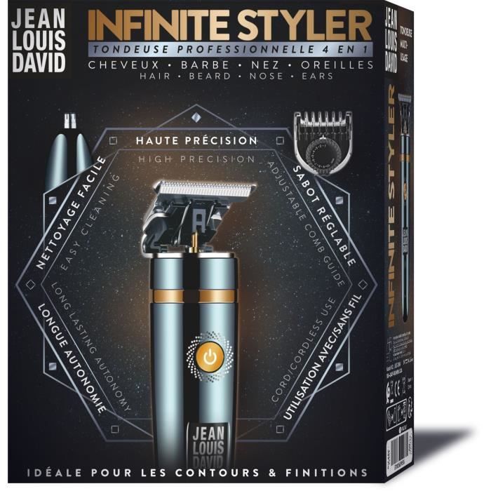 Tondeuse multi-fonctions- JEAN LOUIS DAVID - Infinite Styler - Contours barbe, cheveux, nez et oreilles - Batterie Lithium Ion