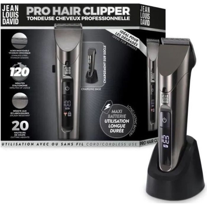 Tondeuse cheveux - JEAN LOUIS DAVID - Pro Hair Clipper - 20 Hauteurs de Coupe - Batterie Lithium Ion - Grande Autonomie