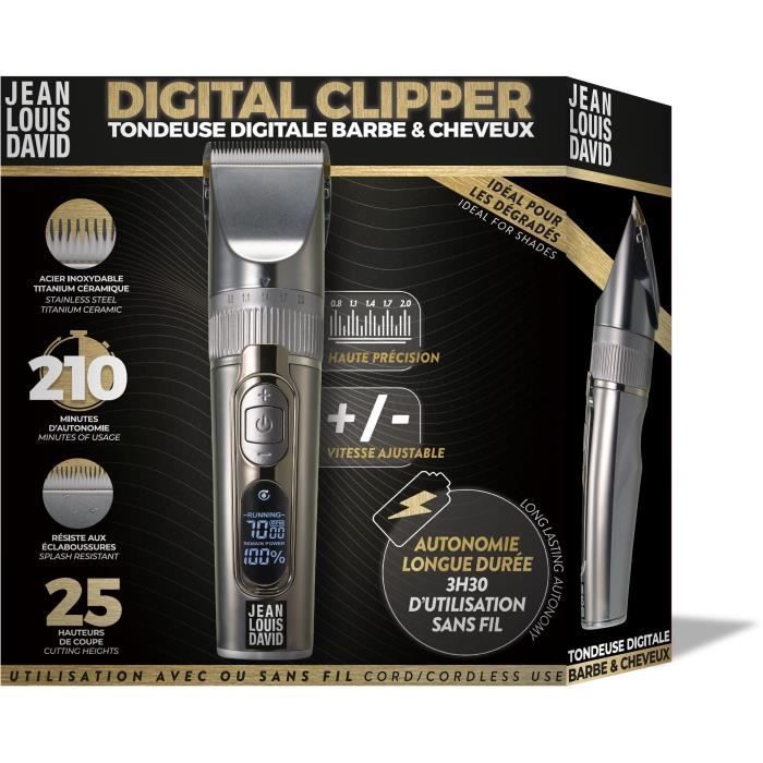 Tondeuse barbe & cheveux - JEAN LOUIS DAVID - Digital Clipper - 25 Hauteurs de Coupe - Batterie Lithium Ion - Grande Autonomie
