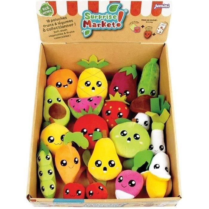 Lot de 18 pochettes surprises - JEMINI - Surprise Market - Peluche fruits ou lÈgumes +/- 10 cm, stickers et cartes mÈmo