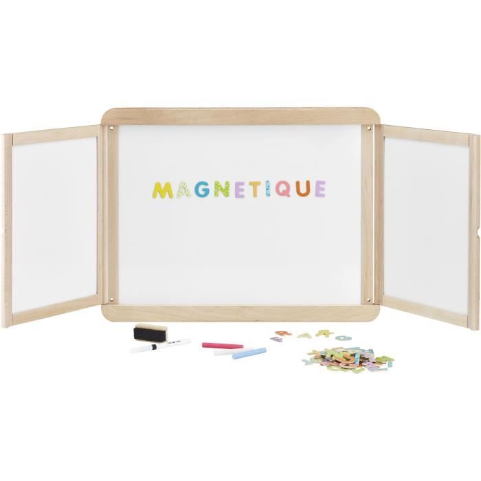 Tableau mural triptyque magnétique - JEUJURA - Ardoise centrale magnétique, 2 volets face blanche et crai