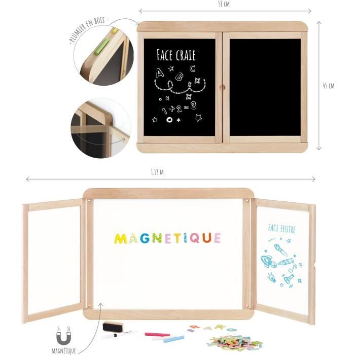 Tableau mural triptyque magnétique - JEUJURA - Ardoise centrale magnétique, 2 volets face blanche et crai