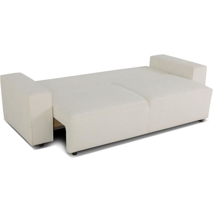 Canapé convertible 3 places - JOSH - Tissu bouclette Creme - Coffre de rangement - 239 x 86 x 85 cm