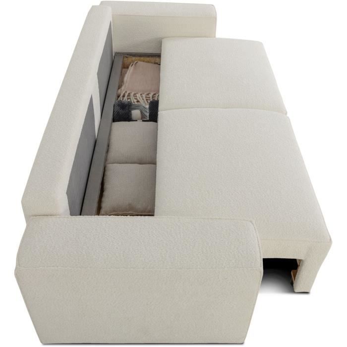Canapé convertible 3 places - JOSH - Tissu bouclette Creme - Coffre de rangement - 239 x 86 x 85 cm