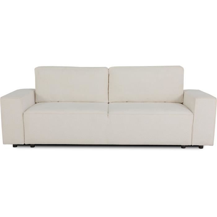 Canapé convertible 3 places - JOSH - Tissu bouclette Creme - Coffre de rangement - 239 x 86 x 85 cm