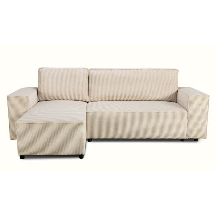 Canapé d'angle convertible réversible - 4 places - JOSH - Tissu velours cotelé Perle - Coffre - 242 x 155 x 86 cm