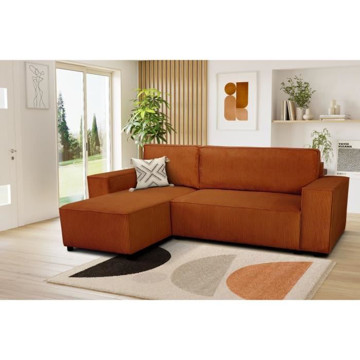 Canapé d'angle convertible réversible - 4 places - JOSH - Tissu velours cotelé - Terracotta - Coffre - 242 x 155 x 86 cm