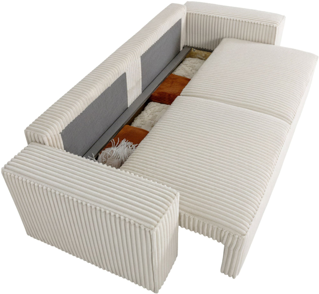 Canapé convertible 3 places - JOSH - Tissu velours grosses côtes Pearl - Coffre - 239 x 86 x 85 cm