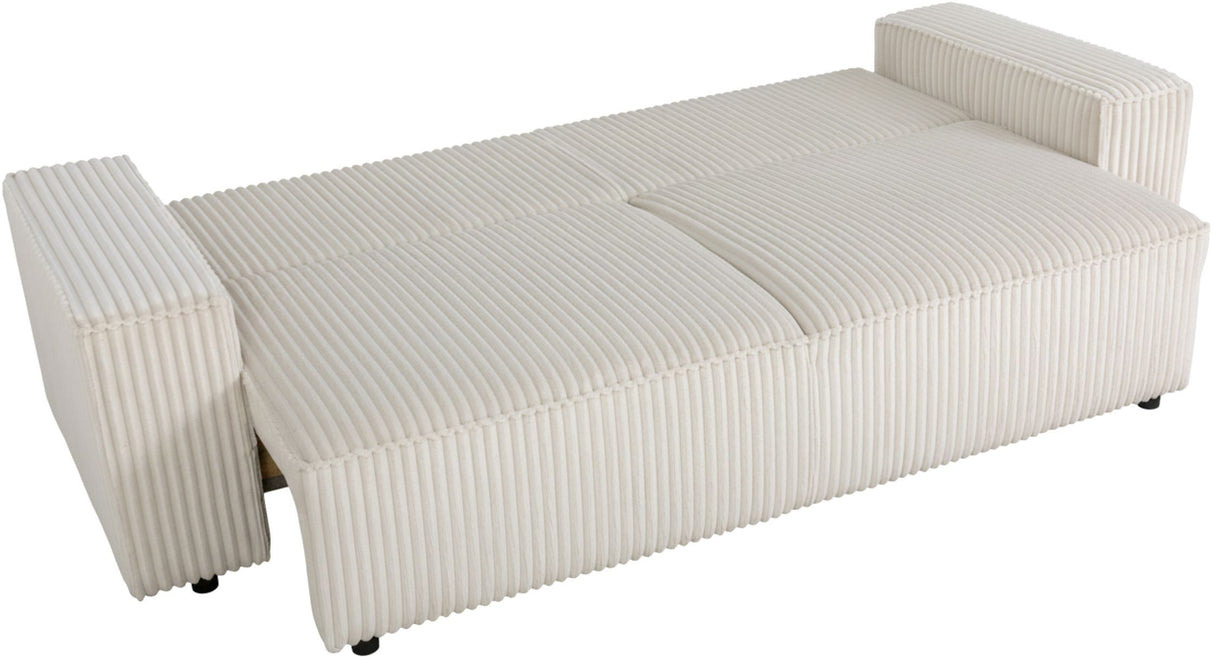 Canapé convertible 3 places - JOSH - Tissu velours grosses côtes Pearl - Coffre - 239 x 86 x 85 cm