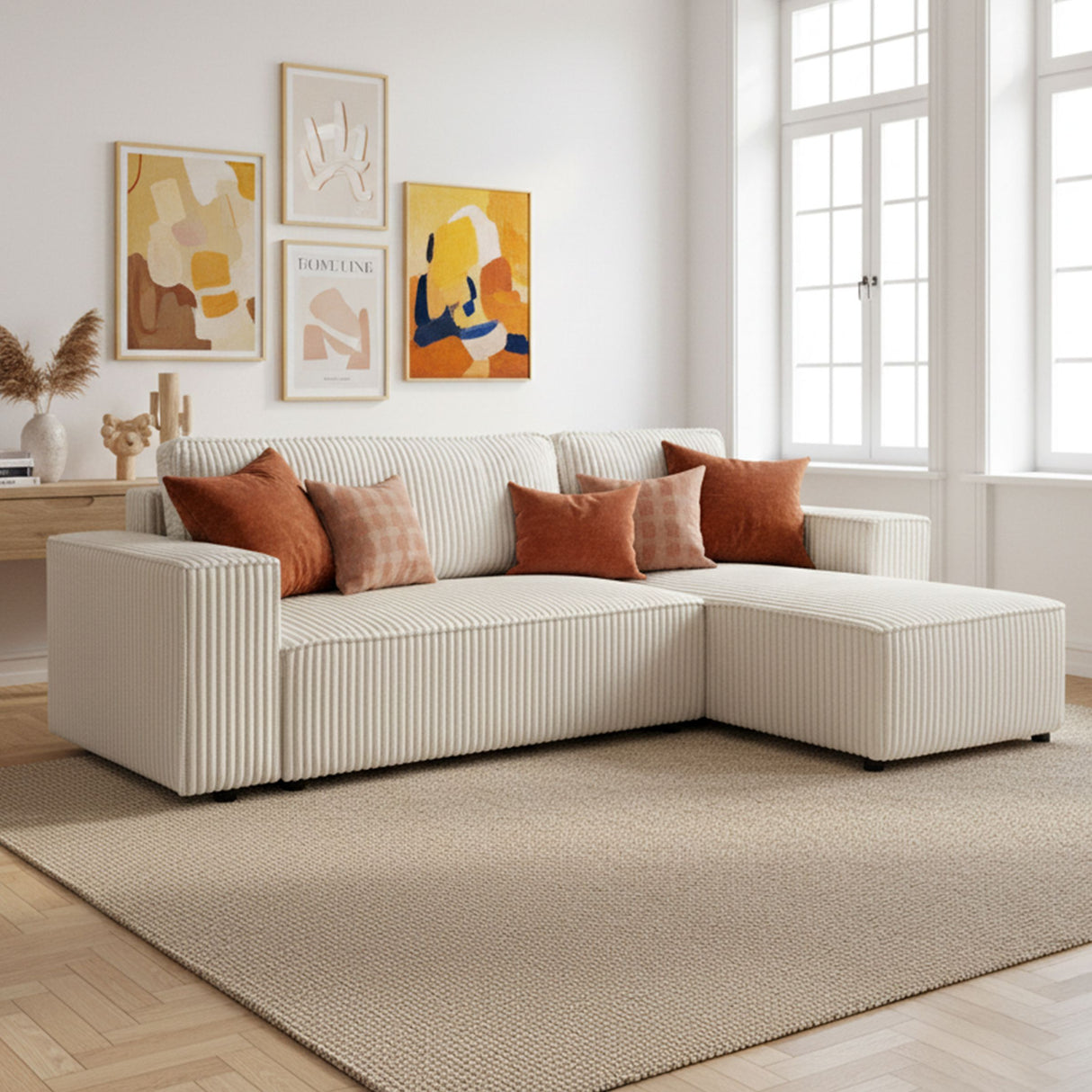 Canapé d'angle convertible réversible 4 places - JOSH - Tissu velours grosses côtes Pearl - 242 x 155 x 86 cm