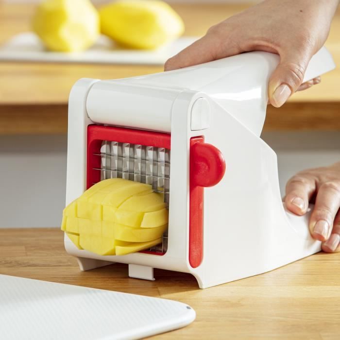 MOULINEX Coupe frites et lÈgumes manuel, Large grille 7x7 cm, Lames inox, Excellente prise en main, Robuste, Blanc/Rouge K1015414