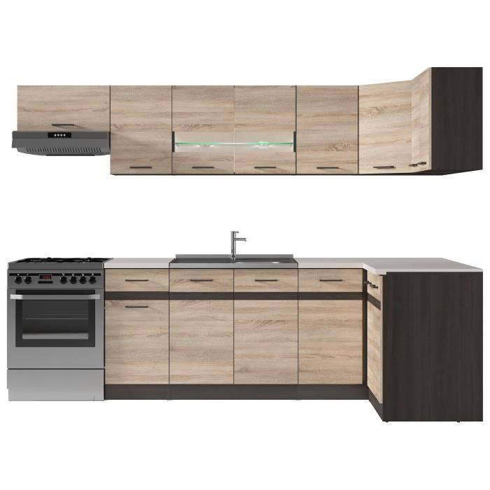 JUNONA Cuisine d'angle complete et plan de travail L 3m40 - Angle réversible - Décor chene sonoma - plan de travail inclus