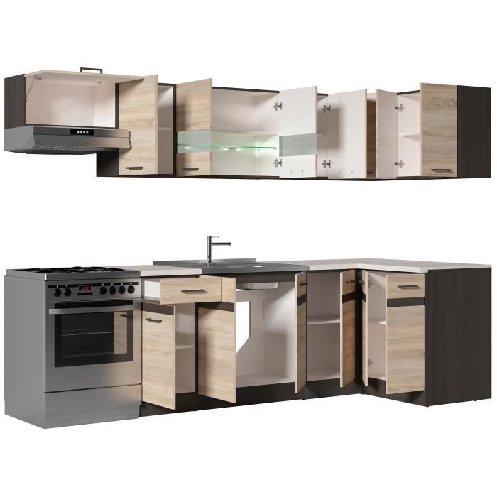 JUNONA Cuisine d'angle complete et plan de travail L 3m40 - Angle réversible - Décor chene sonoma - plan de travail inclus