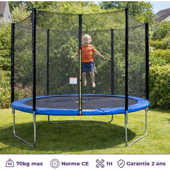 Trampoline KANGUI - BLEU Ř 244-250 cm – Enfant – Filet de sécurité – Certification CE & NF EN 71–14