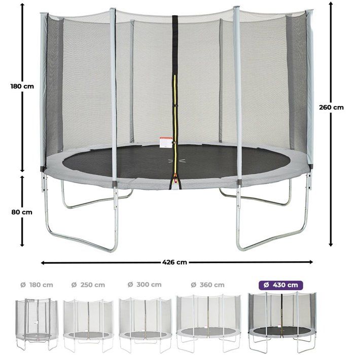 Trampoline KANGUI - GRIS Ř 426-430 cm – Enfant – Échelle & Bâche – Certification CE & NF EN 71–14