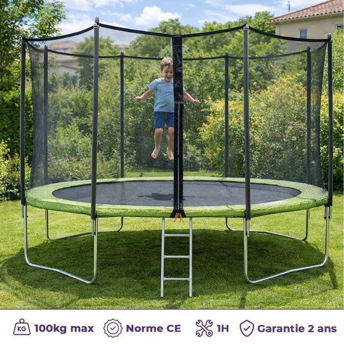 KANGUI Trampoline TWIN Ř 360cm - Vert - avec filet, échelle, couverture de protection