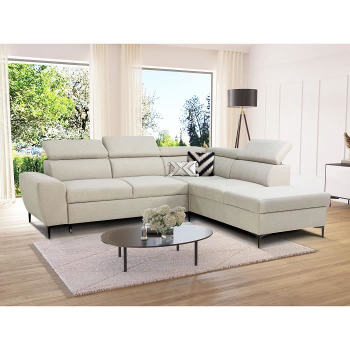Canapé d'angle convertible réversible avec coffre - 5 places - KASIMIR - Tissu beige - 258 x 79/98 x 219 cm