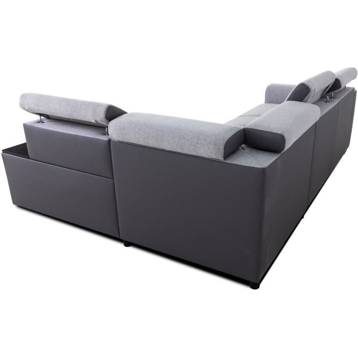 Canapé d'angle convertible réversible - 4/5 places - KELIO - Simili Anthracite / Tissu Gris - 3 tétieres - 245 x 184 x 77/87 cm
