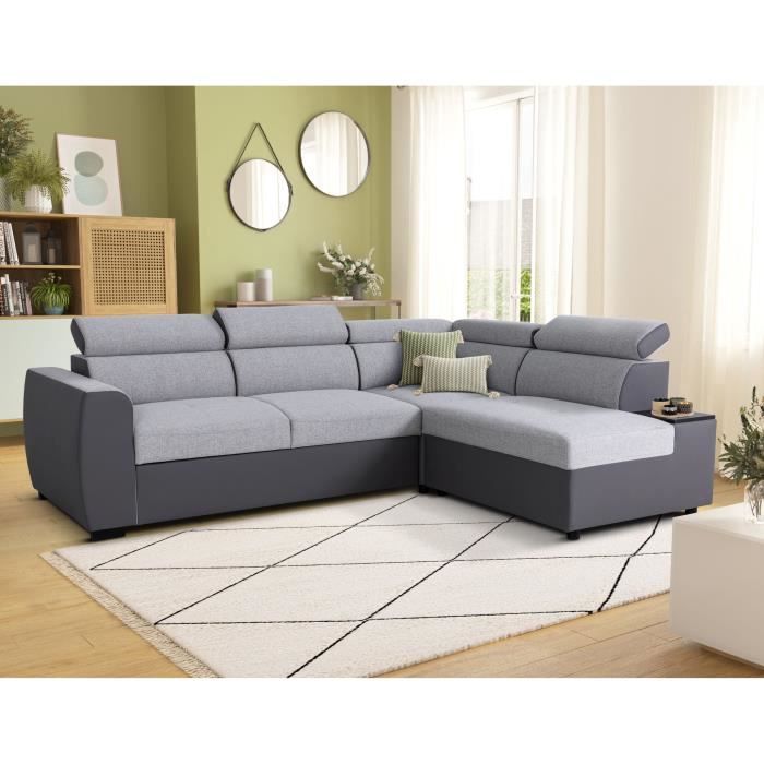Canapé d'angle convertible réversible - 4/5 places - KELIO - Simili Anthracite / Tissu Gris - 3 tétieres - 245 x 184 x 77/87 cm