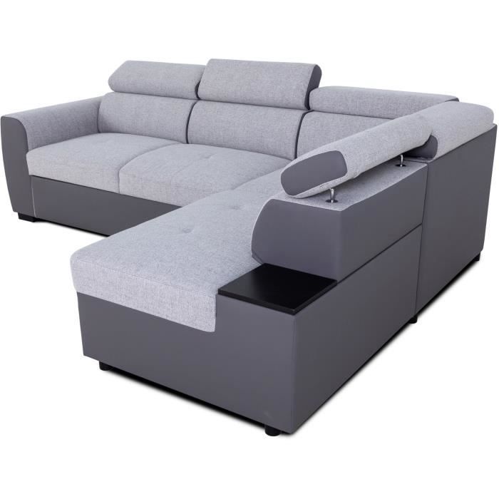 Canapé d'angle convertible réversible - 4/5 places - KELIO - Simili Anthracite / Tissu Gris - 3 tétieres - 245 x 184 x 77/87 cm