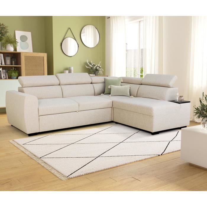 Canapé d'angle convertible réversible - 4/5 places - KELIO - Tissu Beige - 3 tétieres - 245 x 184 x 77/87 cm