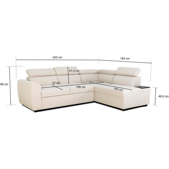 Canapé d'angle convertible réversible - 4/5 places - KELIO - Tissu Beige - 3 tétieres - 245 x 184 x 77/87 cm