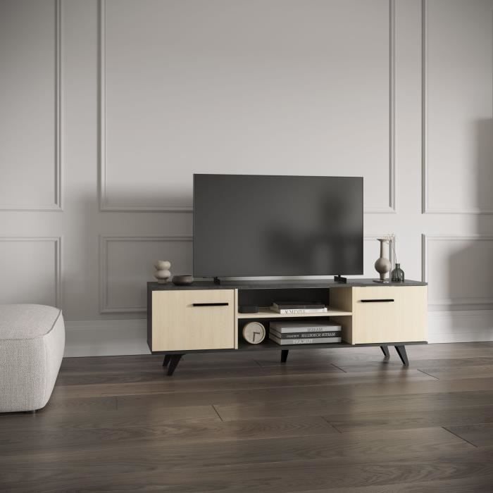 Banc TV - KENT - Chene de fil / Sidewalk - 2 portes ouvrantes - 2 niches - 151,4 x 39,3 x 46,2 cm - DEMEYERE