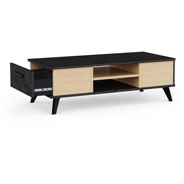 Table basse - KENT - Rectangulaire - Chene de file / Sidewalk - 2 tiroirs - 1 rayon - Pieds - 106,6 x 50,1 x 35,2 cm