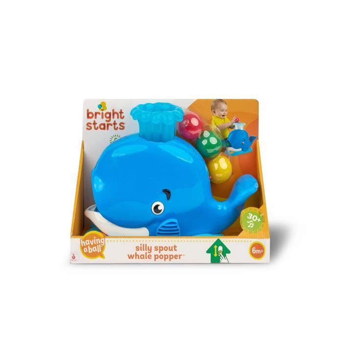 BRIGHT STARTS - Lanceur de balles musical, Cadeau Noel bébé -Silly Spout Whale, 3 balles inclus, Développement motricité 6M+