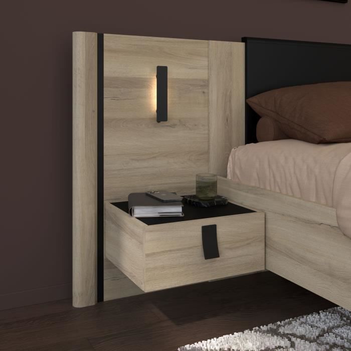 Lit double adulte avec 2 chevets - KIERAN - 160 x 200 cm - Décor Chene / Noir - PARISOT