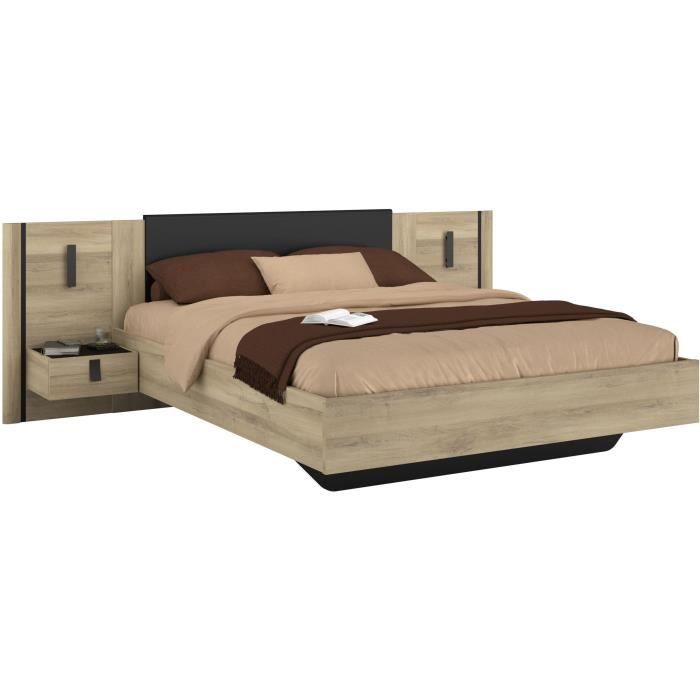 Lit double adulte avec 2 chevets - KIERAN - 140 x 190/200 cm - Chene/Noir - PARISOT