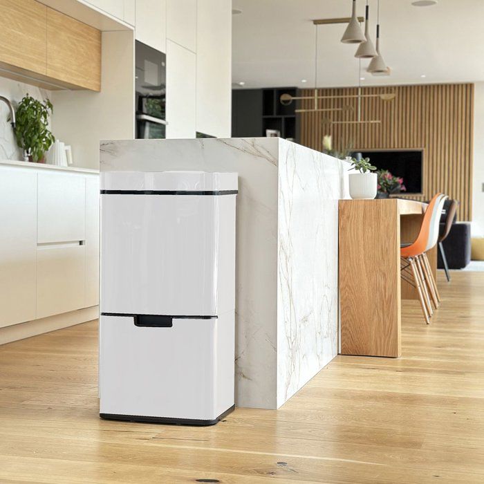 Poubelle de cuisine automatique 75L NARVIK Double compartiment tri sélectif + Poubelle de table 3L Blanc KITCHEN MOVE