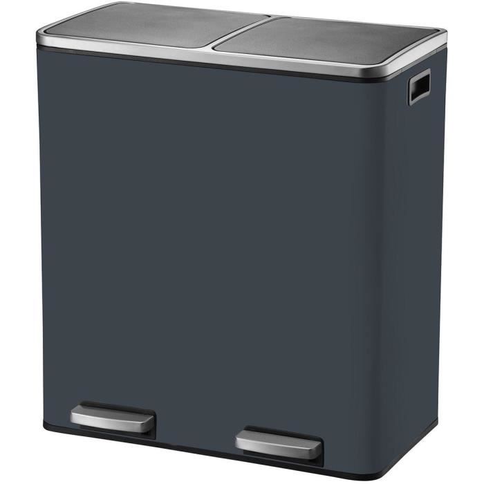 Poubelle de Cuisine a Pédale Tri Sélectif - MAJOR - 60L (2x30L) - Gris Mat - Kitchen Move