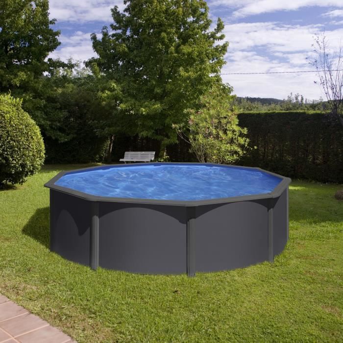 GRE - Kit Piscine hors sol acier ronde grise anthracite - Ø480 x H122 (Livrée avec filtre a sable + échelle)